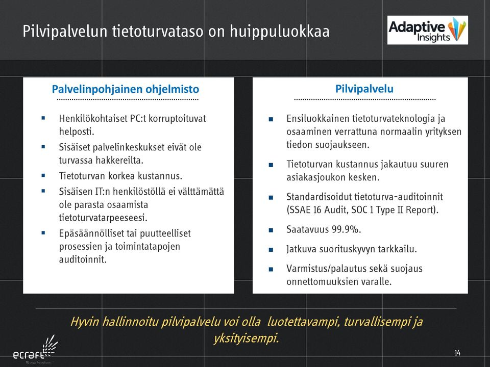 Ensiluokkainen tietoturvateknologia ja osaaminen verrattuna normaalin yrityksen tiedon suojaukseen. Tietoturvan kustannus jakautuu suuren asiakasjoukon kesken.