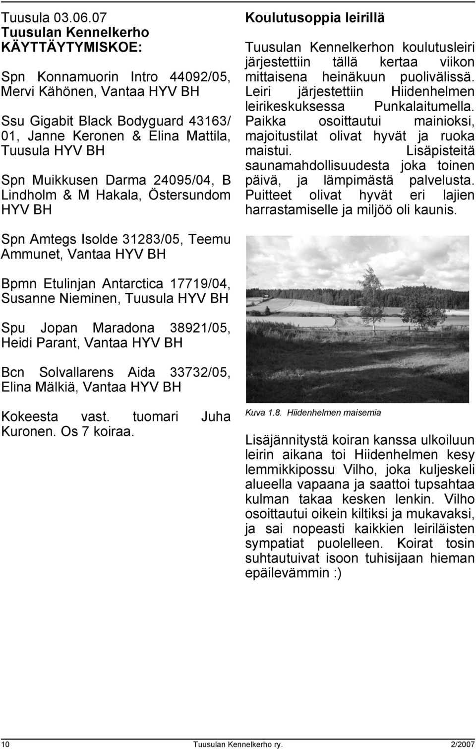 Muikkusen Darma 24095/04, B Lindholm & M Hakala, Östersundom HYV BH Koulutusoppia leirillä Tuusulan Kennelkerhon koulutusleiri järjestettiin tällä kertaa viikon mittaisena heinäkuun puolivälissä.