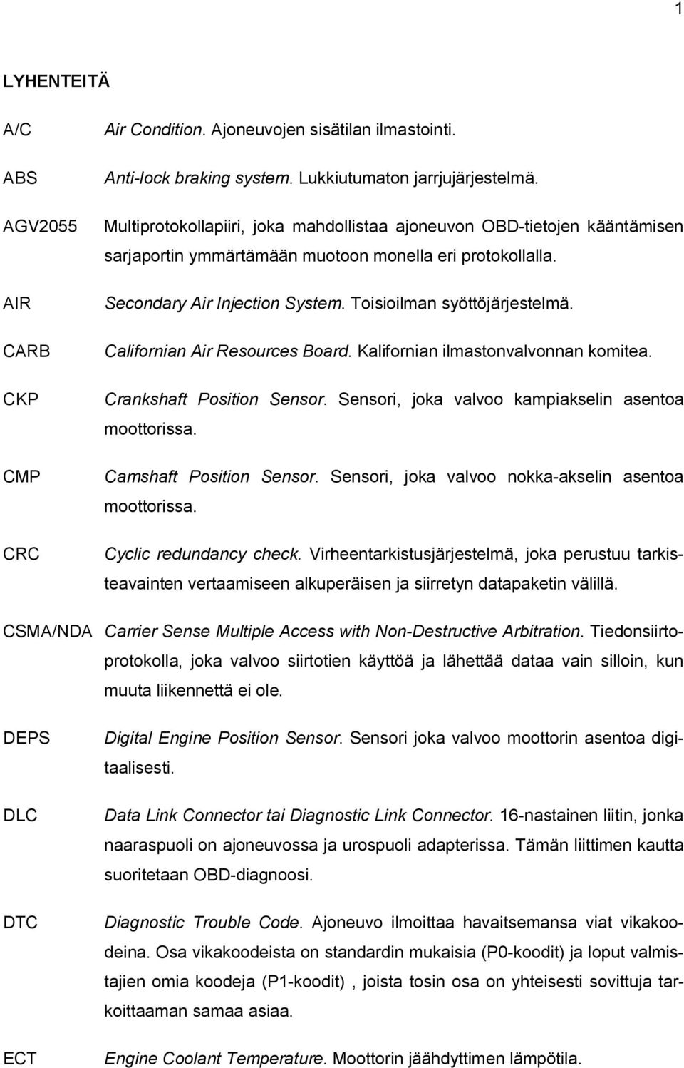 Californian Air Resources Board. Kalifornian ilmastonvalvonnan komitea. Crankshaft Position Sensor. Sensori, joka valvoo kampiakselin asentoa moottorissa. Camshaft Position Sensor.