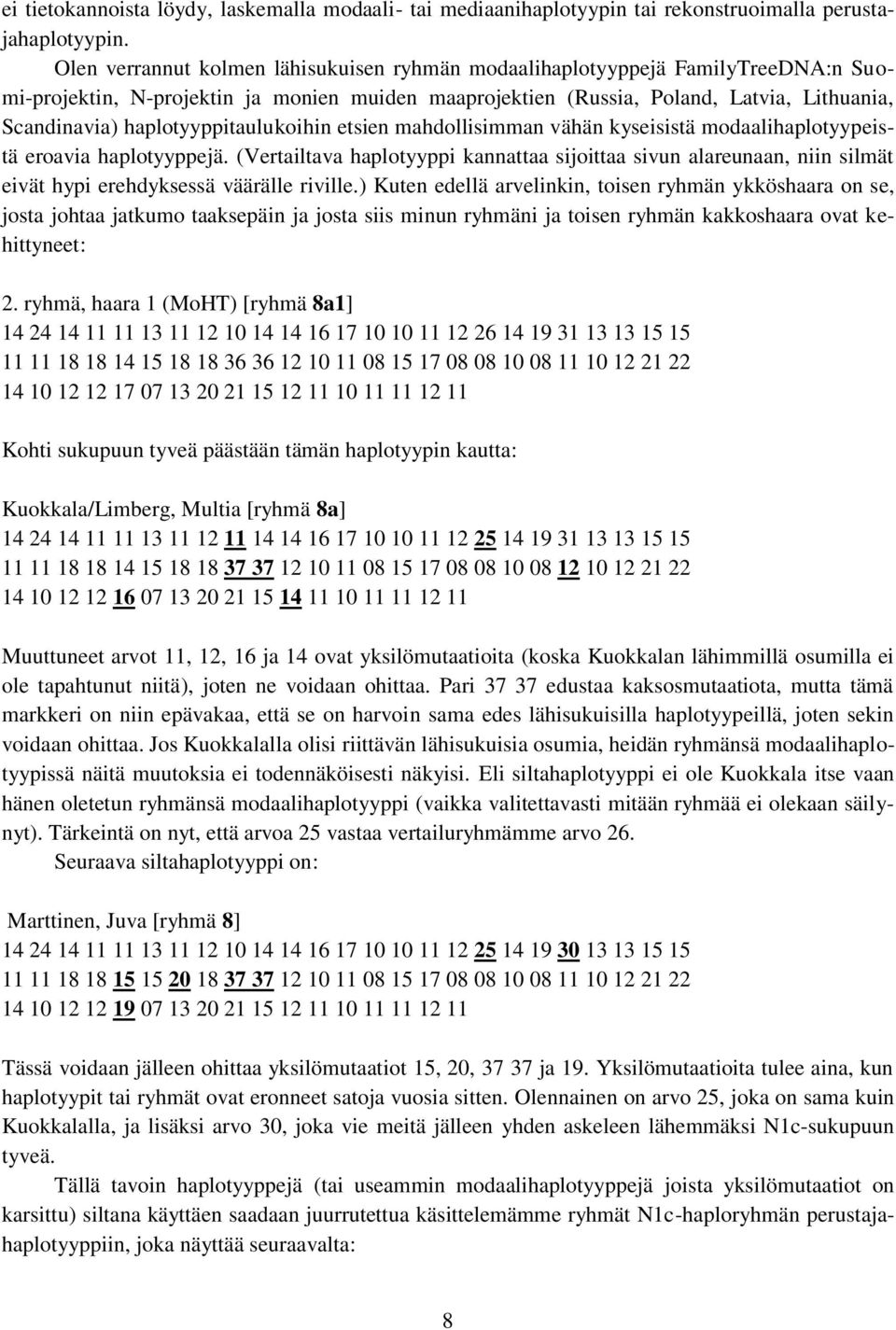 haplotyyppitaulukoihin etsien mahdollisimman vähän kyseisistä modaalihaplotyypeistä eroavia haplotyyppejä.