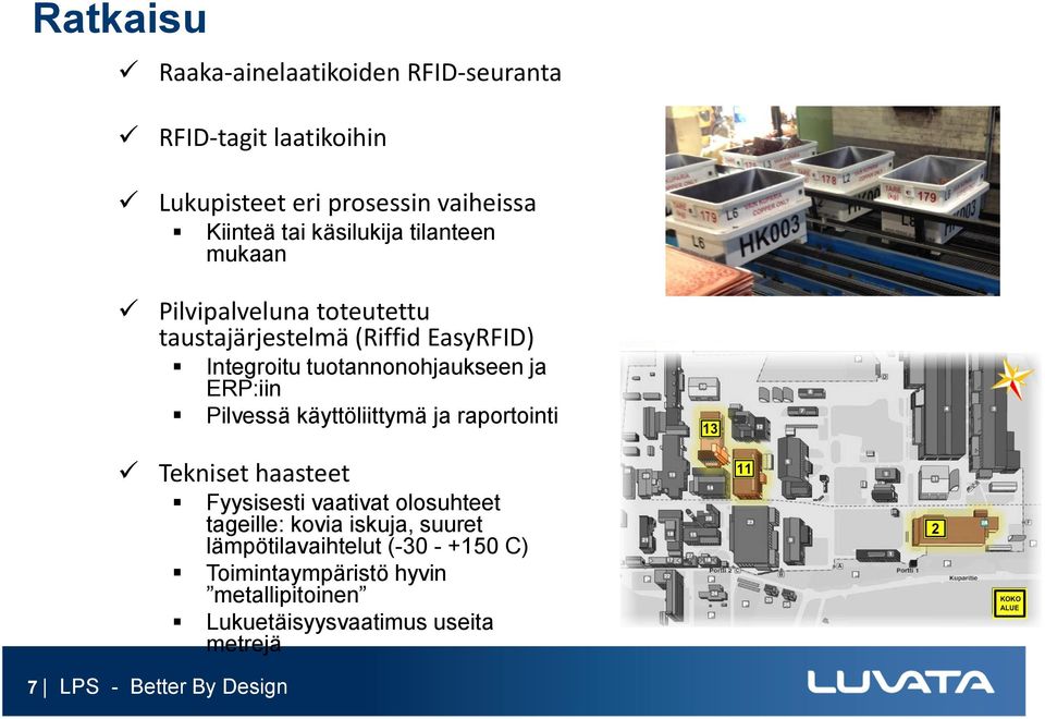 ERP:iin Pilvessä käyttöliittymä ja raportointi Tekniset haasteet Fyysisesti vaativat olosuhteet tageille: kovia iskuja,