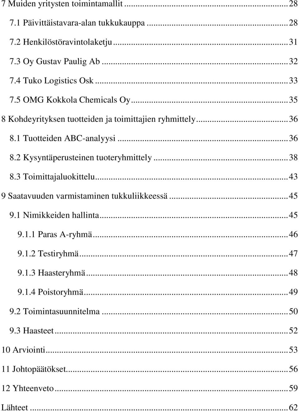 .. 38 8.3 Toimittajaluokittelu... 43 9 Saatavuuden varmistaminen tukkuliikkeessä... 45 9.1 Nimikkeiden hallinta... 45 9.1.1 Paras A-ryhmä... 46 9.1.2 Testiryhmä... 47 9.1.3 Haasteryhmä.