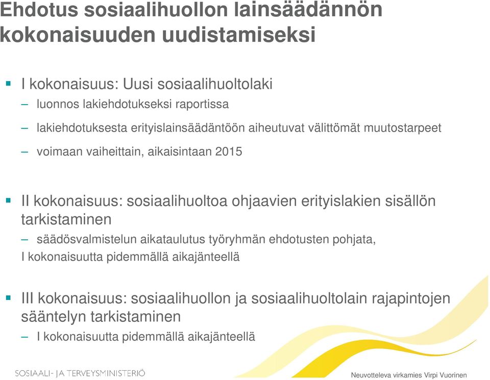 ohjaavien erityislakien sisällön tarkistaminen säädösvalmistelun aikataulutus työryhmän ehdotusten pohjata, I kokonaisuutta pidemmällä aikajänteellä