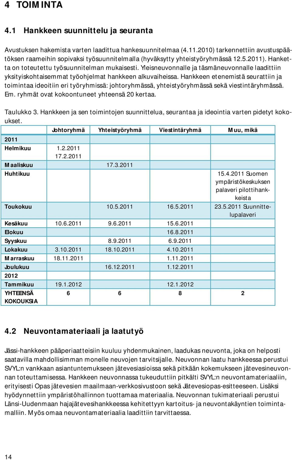 Yleisneuvonnalle ja täsmäneuvonnalle laadittiin yksityiskohtaisemmat työohjelmat hankkeen alkuvaiheissa.