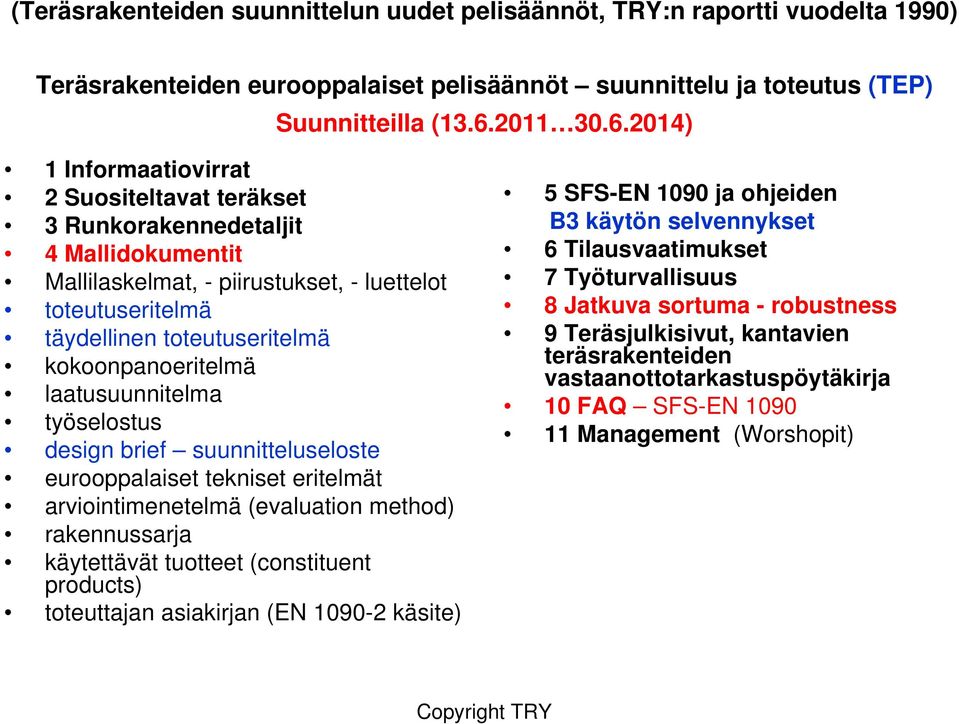 2014) 1 Informaatiovirrat 2 Suositeltavat teräkset 3 Runkorakennedetaljit 4 Mallidokumentit Mallilaskelmat, - piirustukset, - luettelot toteutuseritelmä täydellinen toteutuseritelmä