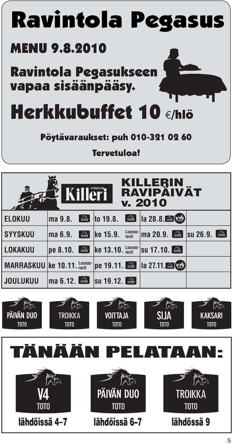 to 19.8. la 8.8. JOULUKUU ma 6.1. su 19.1. ravit Lounas- MARRASKUU ke 10.11. pe 19.11. la 7.11. ravit Lounas- SYYSKUU ma 6.