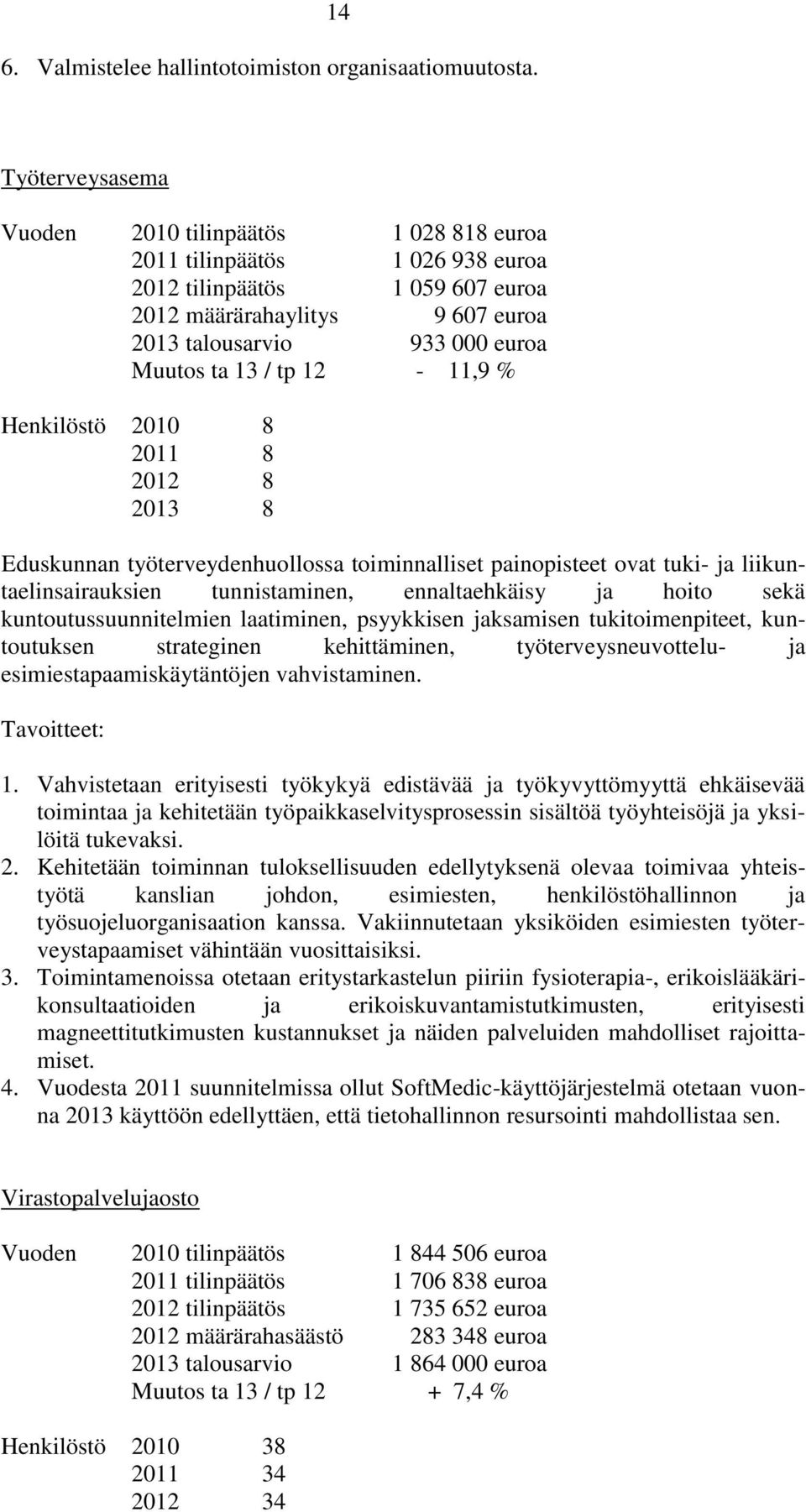 / tp 12-11,9 % Henkilöstö 2010 8 2011 8 2012 8 2013 8 Eduskunnan työterveydenhuollossa toiminnalliset painopisteet ovat tuki- ja liikuntaelinsairauksien tunnistaminen, ennaltaehkäisy ja hoito sekä