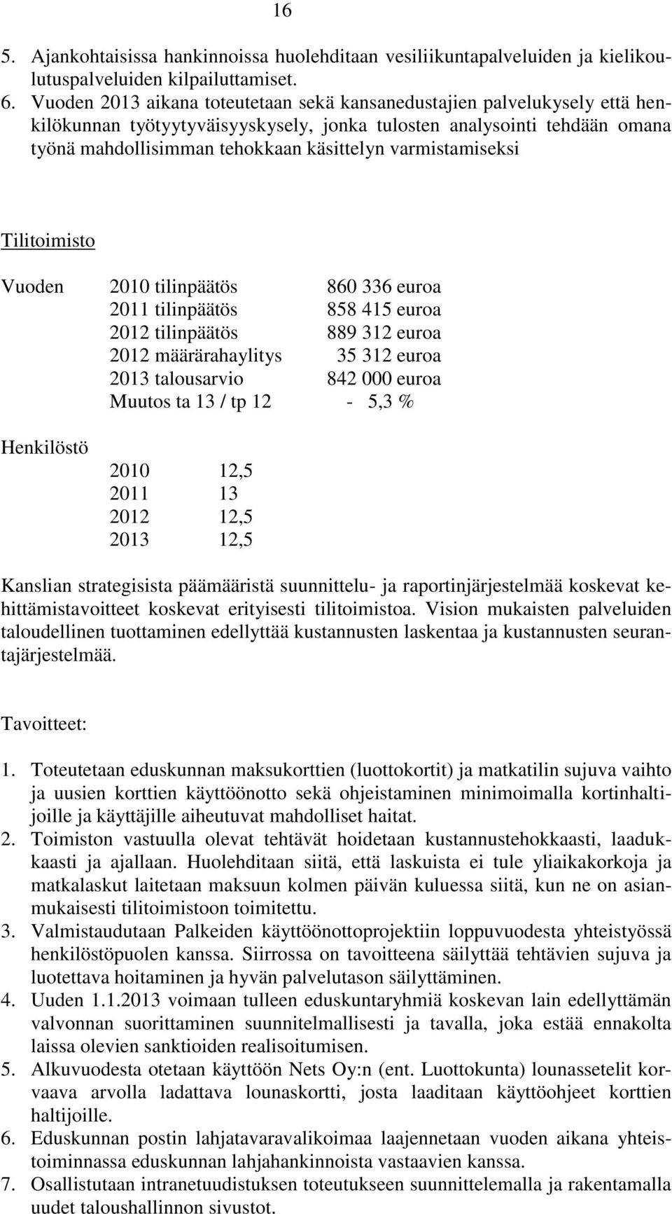 varmistamiseksi Tilitoimisto Vuoden 2010 tilinpäätös 860 336 euroa 2011 tilinpäätös 858 415 euroa 2012 tilinpäätös 889 312 euroa 2012 määrärahaylitys 35 312 euroa 2013 talousarvio 842 000 euroa