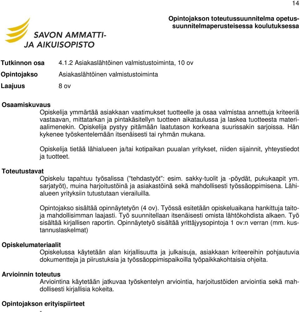 Hän kykenee työskentelemään itsenäisesti tai ryhmän mukana. Opiskelija tietää lähialueen ja/tai kotipaikan puualan yritykset, niiden sijainnit, yhteystiedot ja tuotteet.