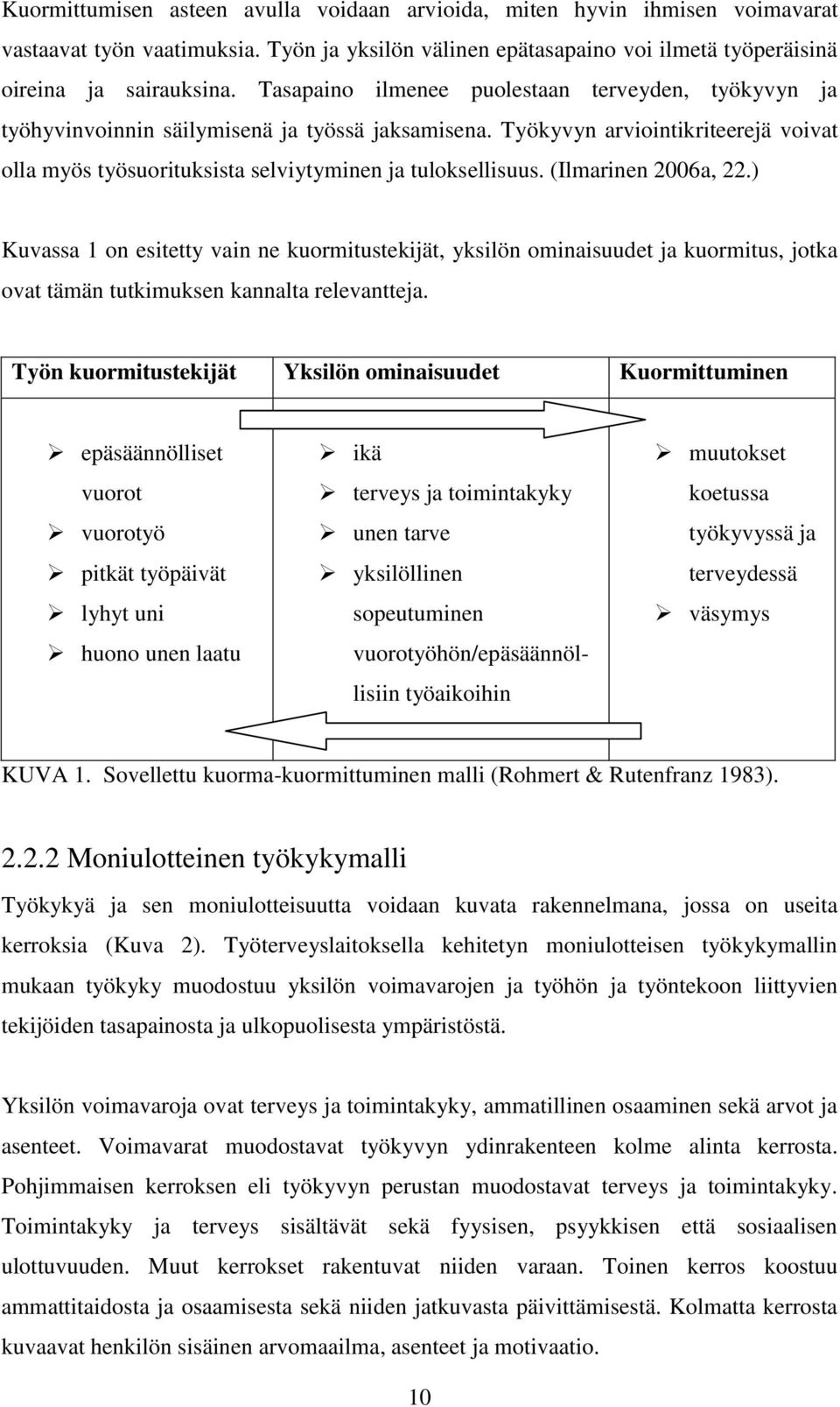 (Ilmarinen 2006a, 22.) Kuvassa 1 on esitetty vain ne kuormitustekijät, yksilön ominaisuudet ja kuormitus, jotka ovat tämän tutkimuksen kannalta relevantteja.