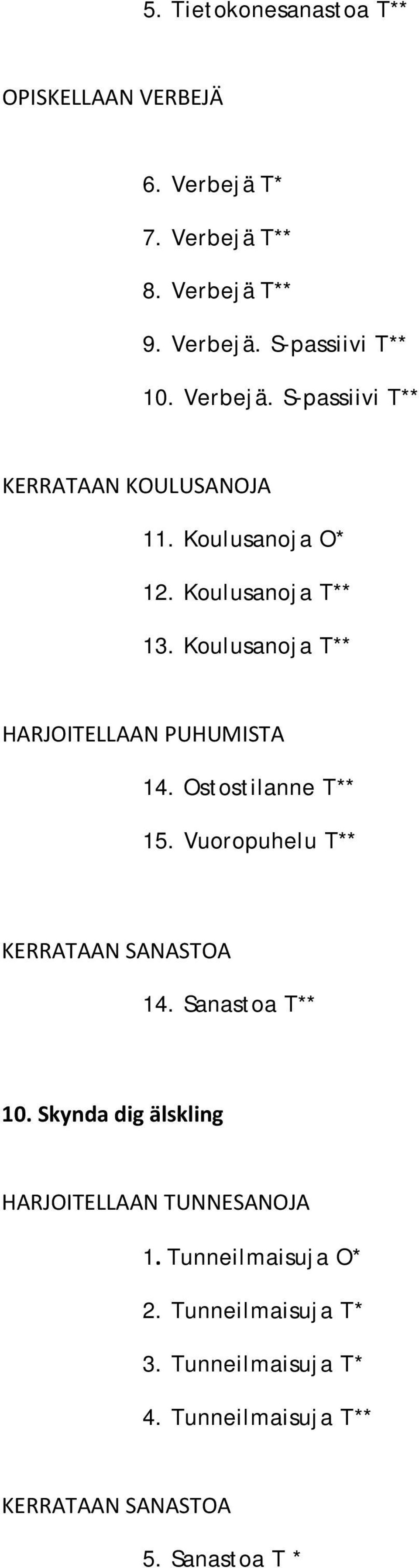 Koulusanoja T** HARJOITELLAAN PUHUMISTA 14. Ostostilanne T** 15. Vuoropuhelu T** KERRATAAN SANASTOA 14. Sanastoa T** 10.