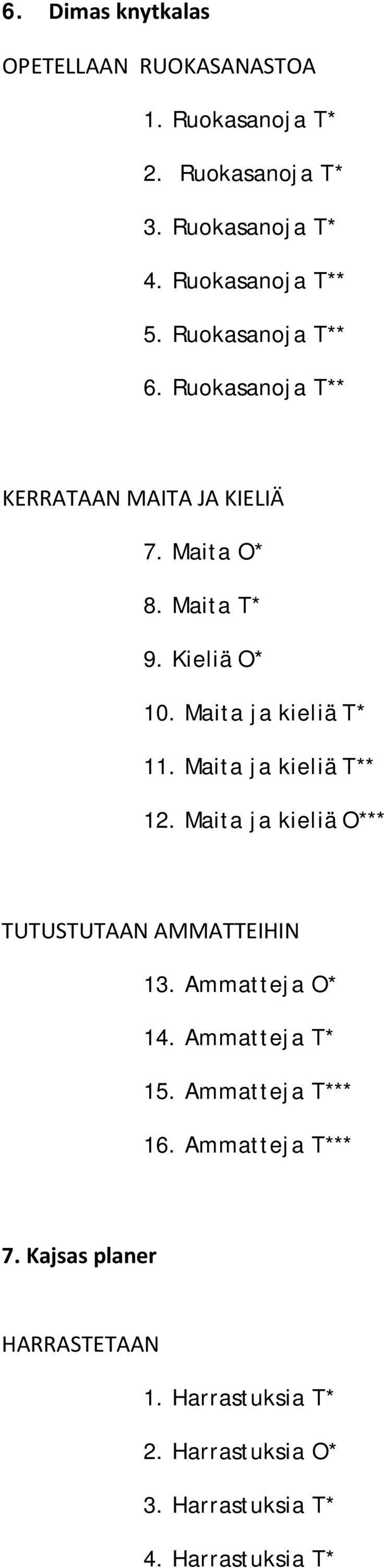 Maita ja kieliä T* 11. Maita ja kieliä T** 12. Maita ja kieliä O*** TUTUSTUTAAN AMMATTEIHIN 13. Ammatteja O* 14.