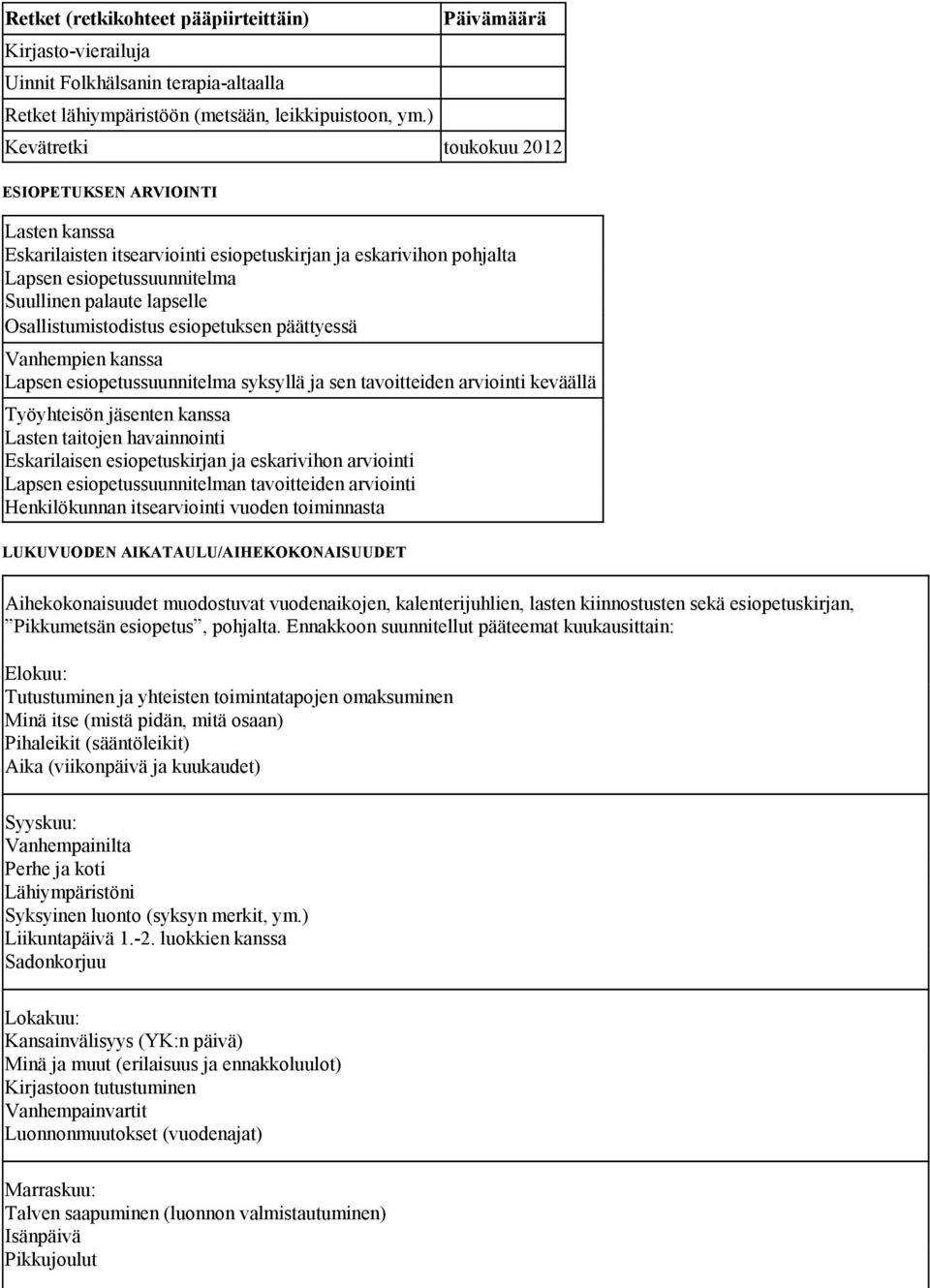 Osallistumistodistus esiopetuksen päättyessä Vanhempien kanssa Lapsen esiopetussuunnitelma syksyllä ja sen tavoitteiden arviointi keväällä Työyhteisön jäsenten kanssa Lasten taitojen havainnointi