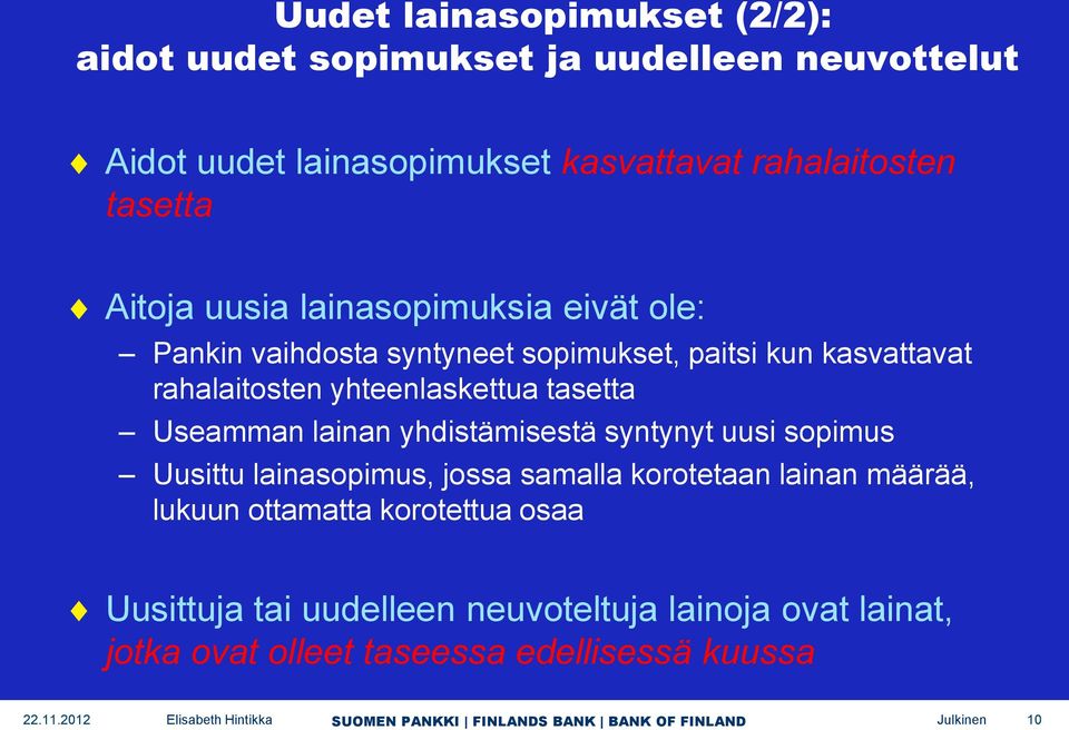 yhteenlaskettua tasetta Useamman lainan yhdistämisestä syntynyt uusi sopimus Uusittu lainasopimus, jossa samalla korotetaan lainan