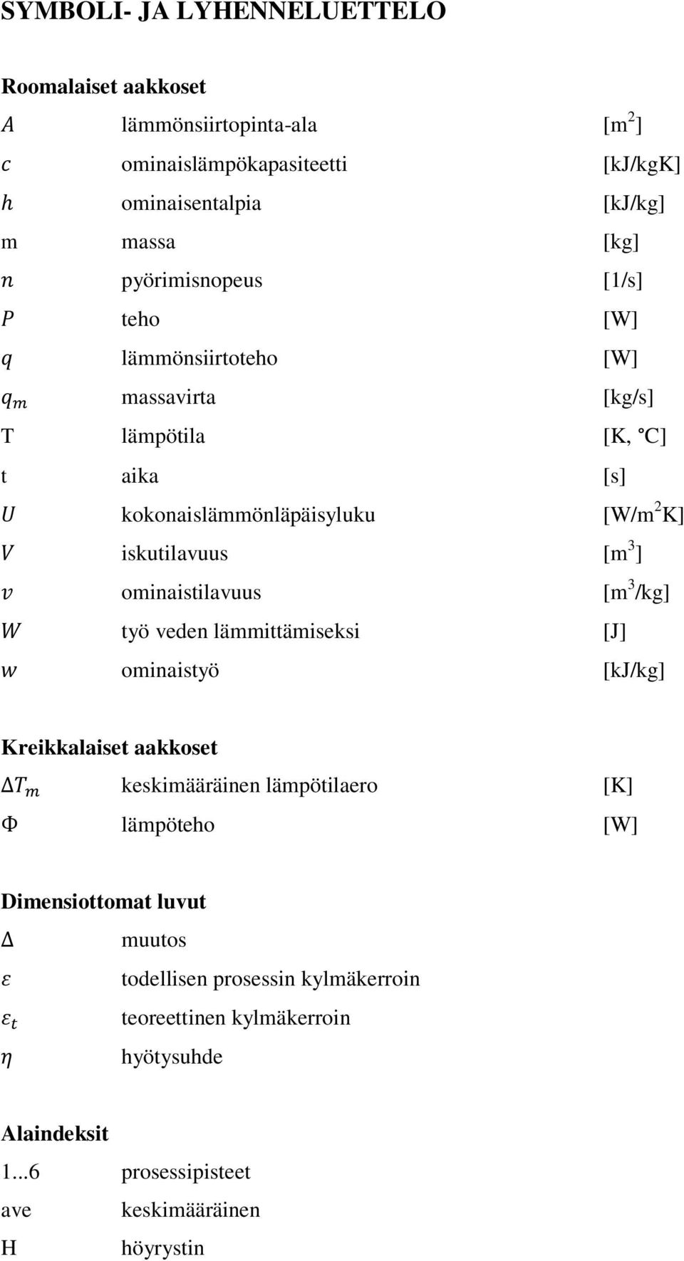 ] ominaistilavuus [m 3 /kg] työ veden lämmittämiseksi [J] ominaistyö [kj/kg] Kreikkalaiset aakkoset keskimääräinen lämpötilaero lämpöteho [K] [W]