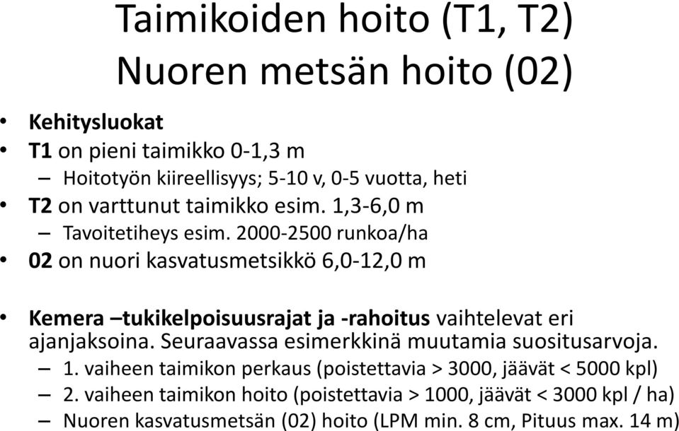 2000-2500 runkoa/ha 02 on nuori kasvatusmetsikkö 6,0-12,0 m Kemera tukikelpoisuusrajat ja -rahoitus vaihtelevat eri ajanjaksoina.