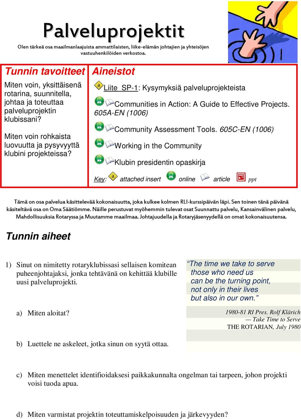 Aineistot Liite SP-1: Kysymyksiä palveluprojekteista Communities in Action: A Guide to Effective Projects. 605A-EN (1006) Community Assessment Tools.