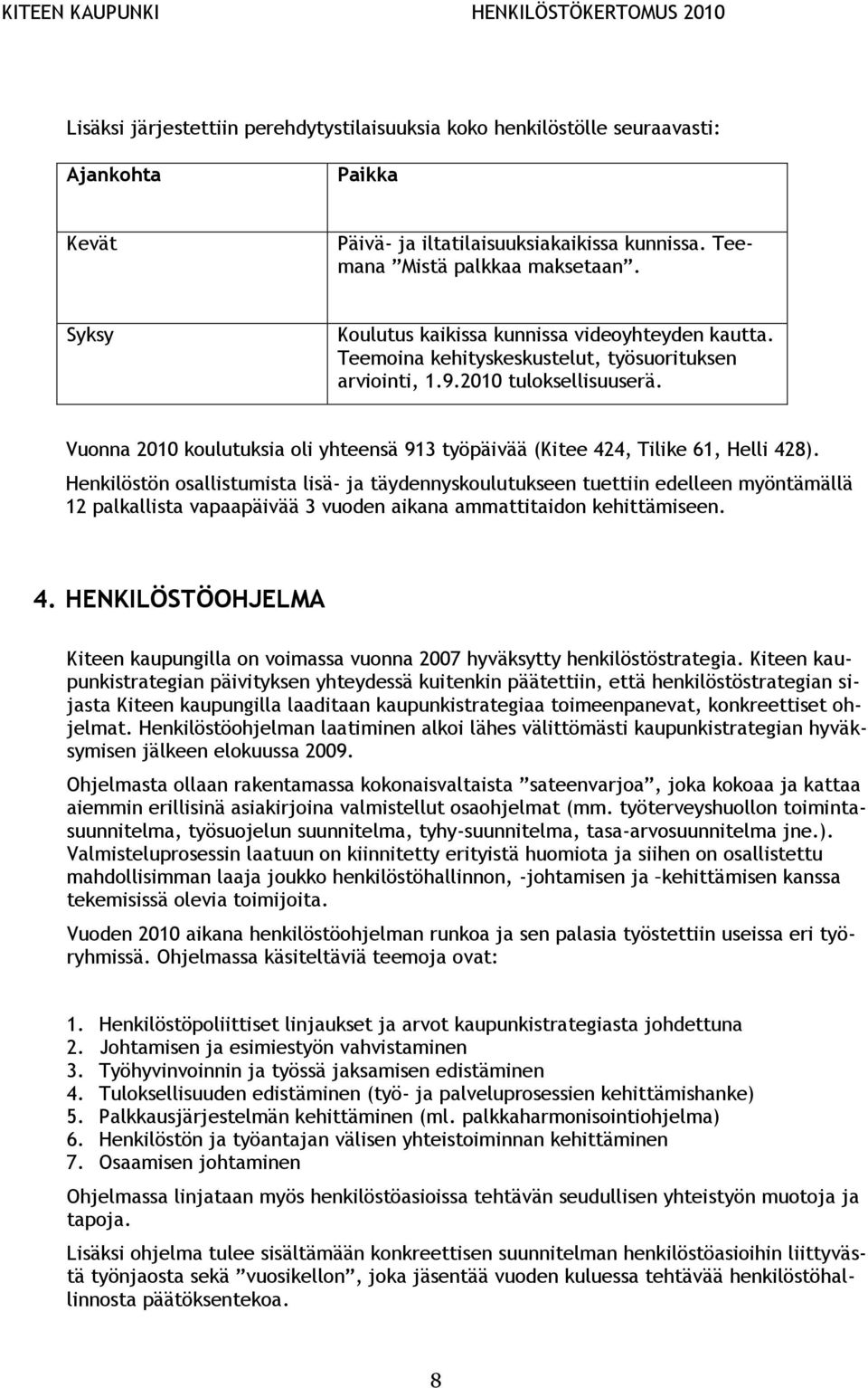 Vuonna 2010 koulutuksia oli yhteensä 913 työpäivää (Kitee 424, Tilike 61, Helli 428).