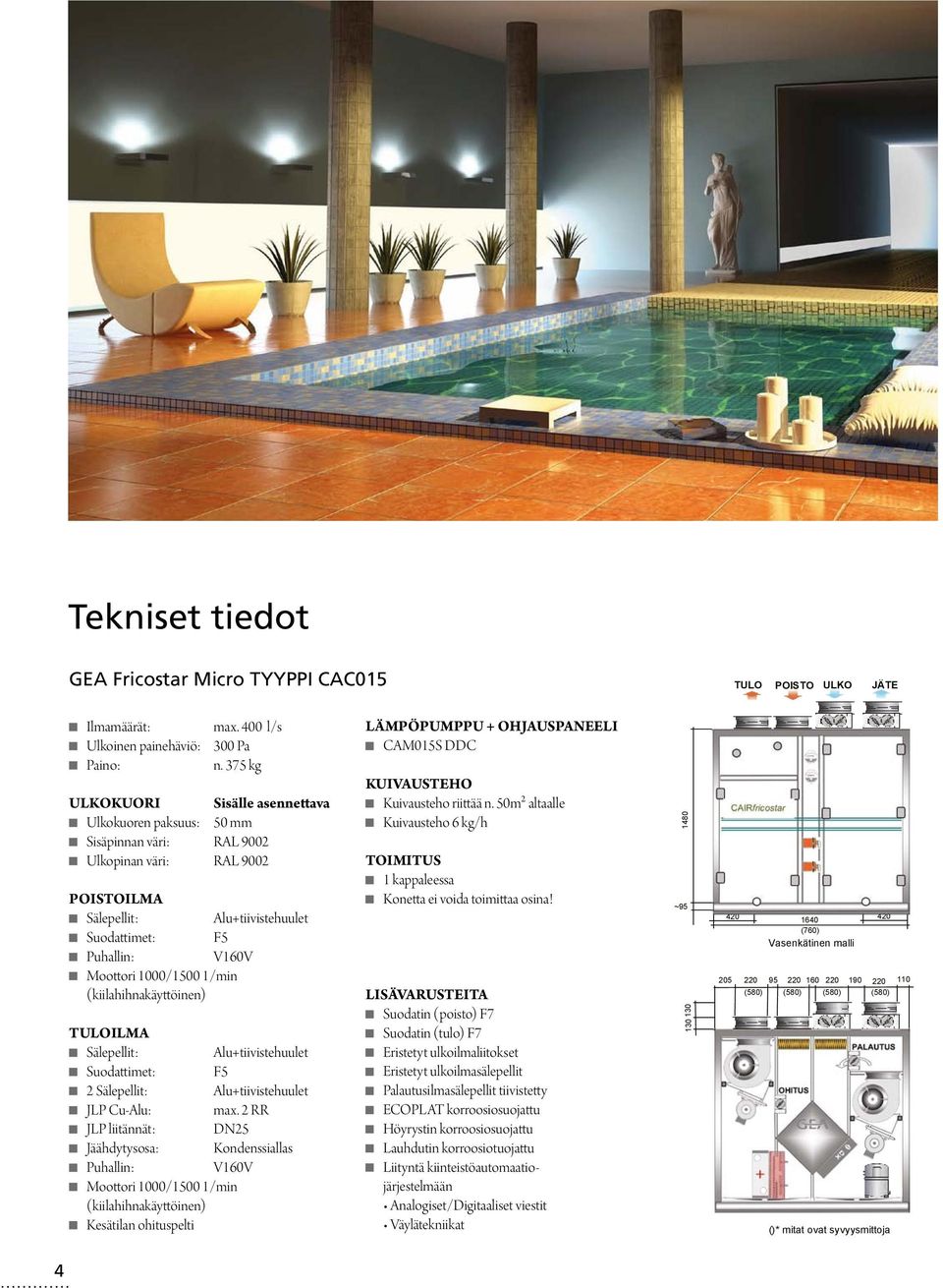 2 RR JLP liitännät: DN25 Jäähdytysosa: Kondenssiallas V160V Kesätilan ohituspelti GEA CAIRfricostar TYYPPI LÄMPÖPUMPPU CAC015 + OHJAUSPANEELI CAM015S DDC TEKNISET TIEDOT Kuivausteho riittää n.