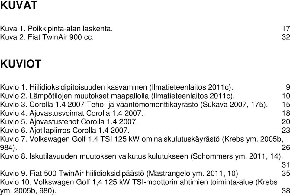 Ajovastustehot Corolla 1.4 2007. 20 Kuvio 6. Ajotilapiirros Corolla 1.4 2007. 23 Kuvio 7. Volkswagen Golf 1.4 TSI 125 kw ominaiskulutuskäyrästö (Krebs ym. 2005b, 984). 26 Kuvio 8.