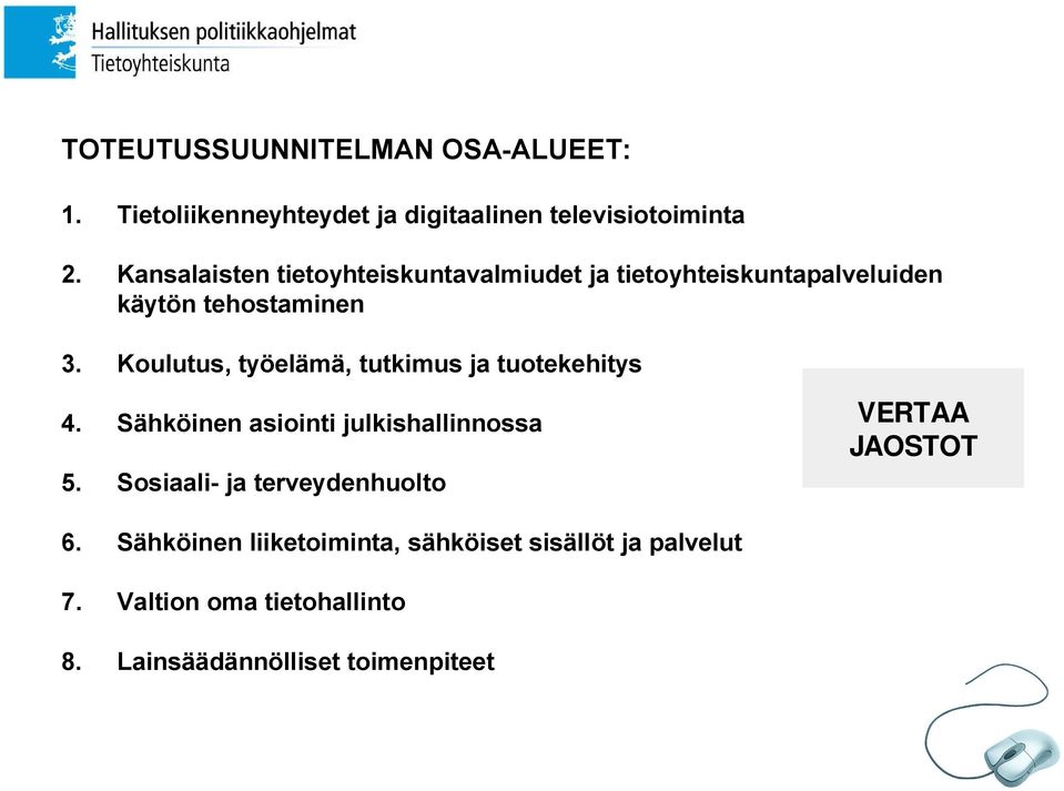 Koulutus, työelämä, tutkimus ja tuotekehitys 4. Sähköinen asiointi julkishallinnossa 5.