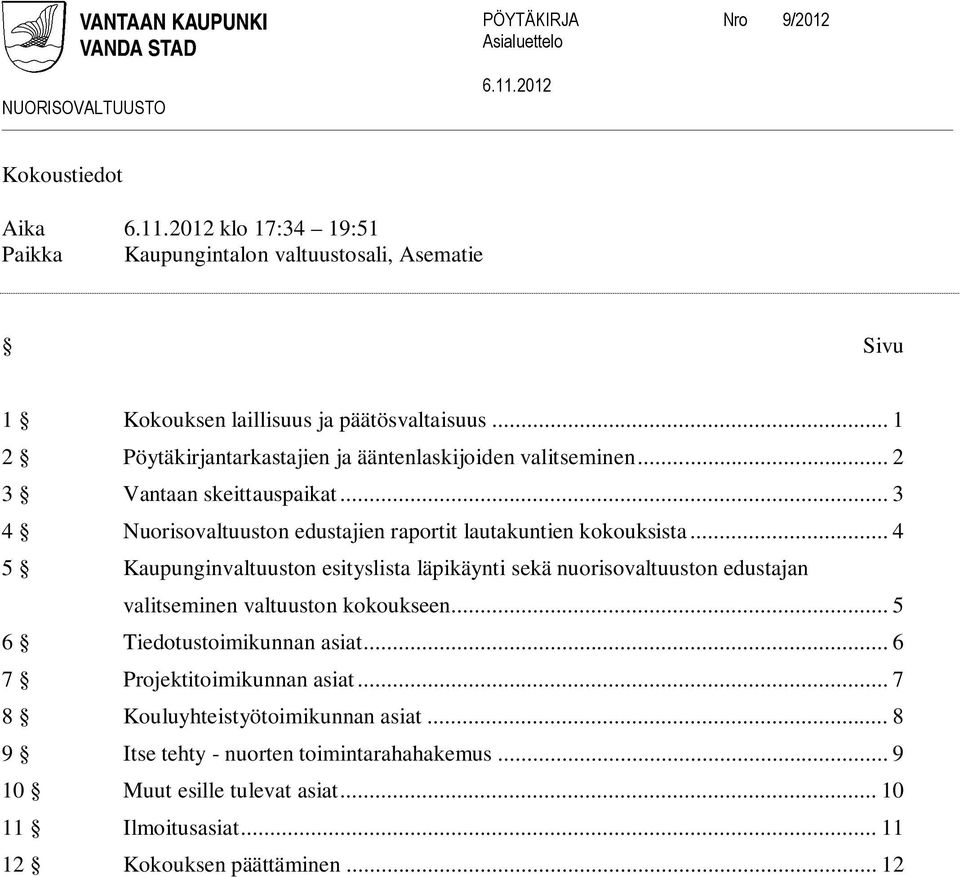 .. 4 5 Kaupunginvaltuuston esityslista läpikäynti sekä nuorisovaltuuston edustajan valitseminen valtuuston kokoukseen... 5 6 Tiedotustoimikunnan asiat.