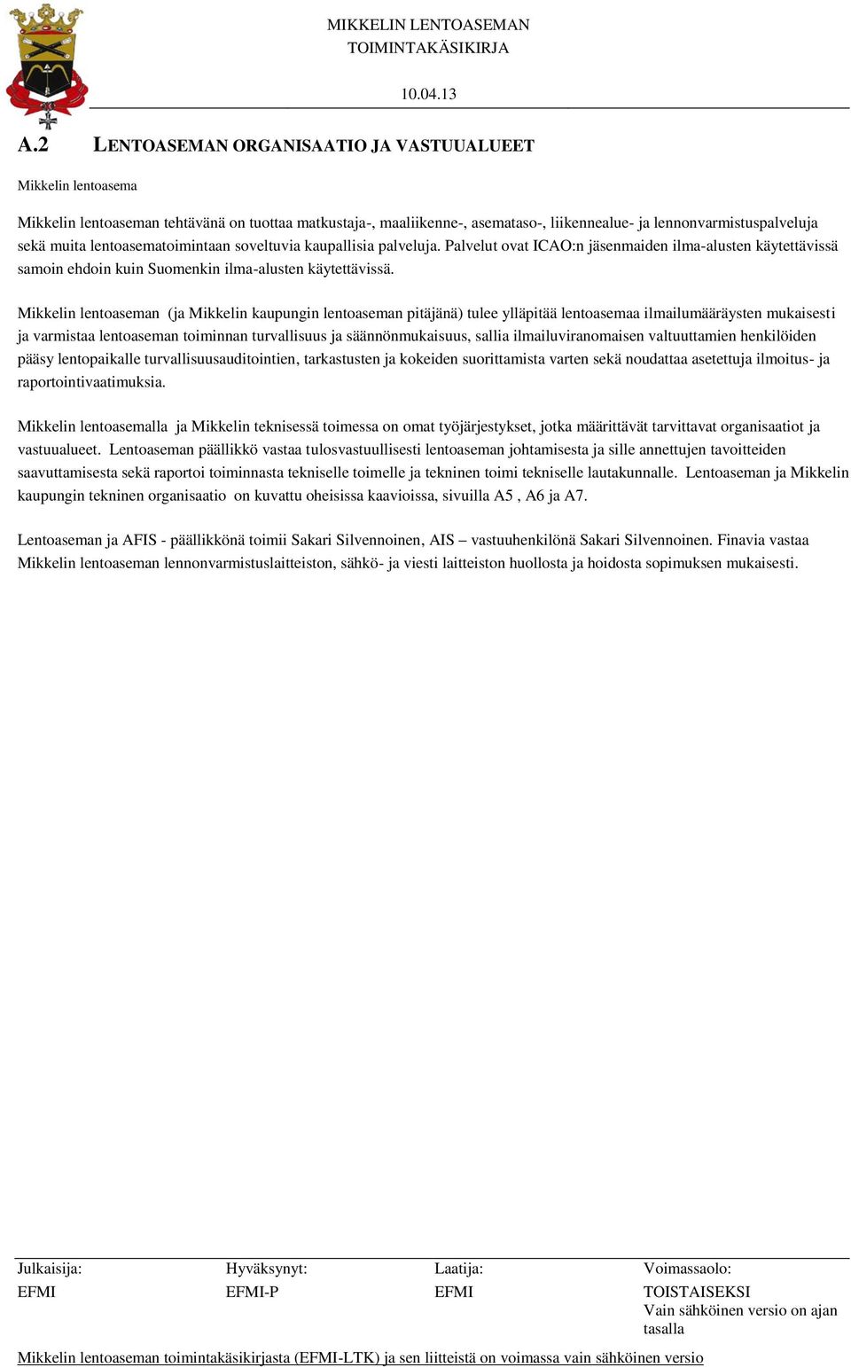 Mikkelin lentoaseman (ja Mikkelin kaupungin lentoaseman pitäjänä) tulee ylläpitää lentoasemaa ilmailumääräysten mukaisesti ja varmistaa lentoaseman toiminnan turvallisuus ja säännönmukaisuus, sallia