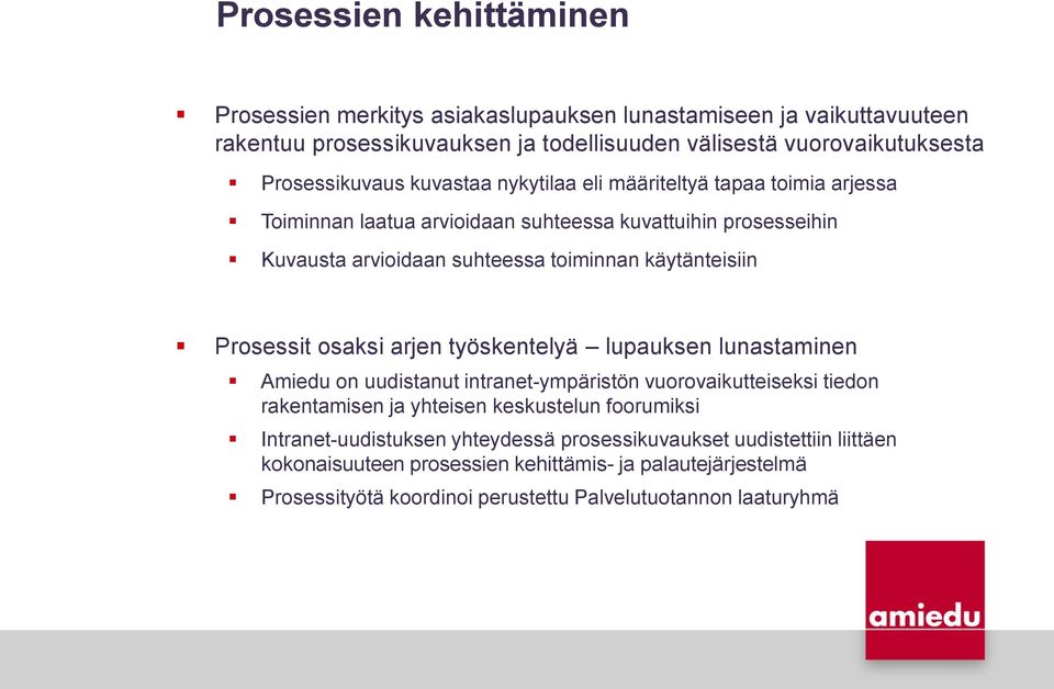 käytänteisiin Prosessit osaksi arjen työskentelyä lupauksen lunastaminen Amiedu on uudistanut intranet-ympäristön vuorovaikutteiseksi tiedon rakentamisen ja yhteisen keskustelun