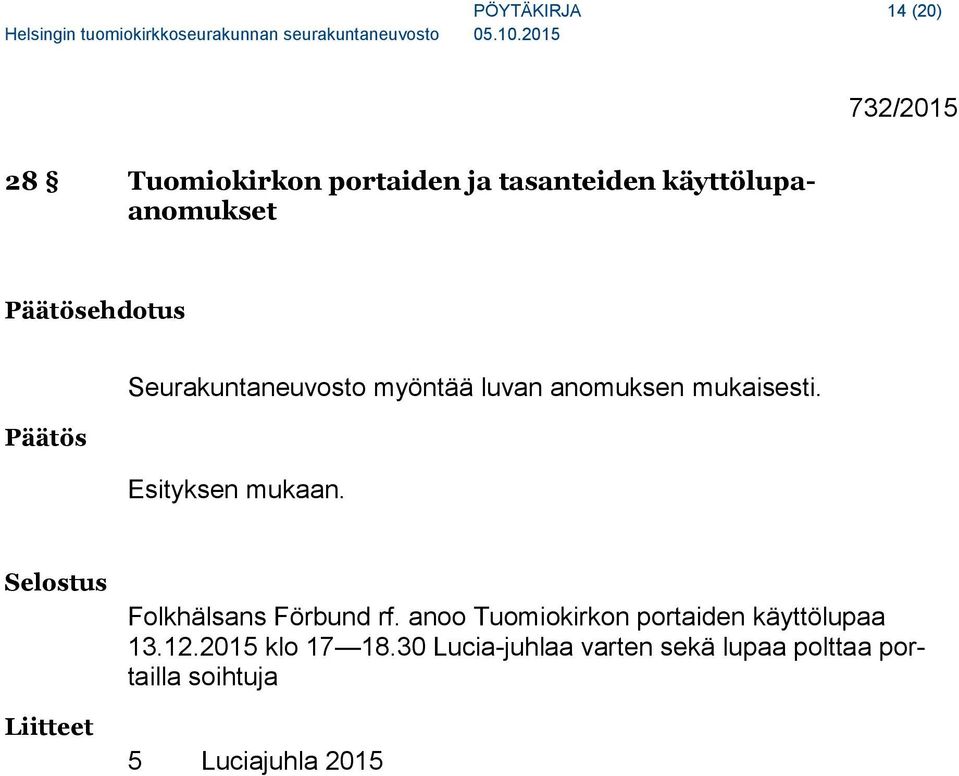 Esityksen mukaan. Liitteet Folkhälsans Förbund rf.