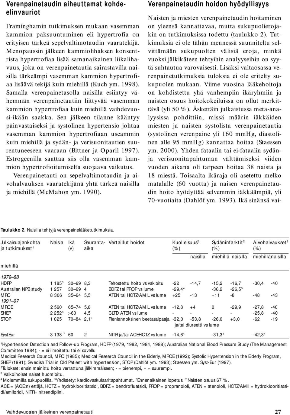 kuin miehillä (Kuch ym. 1998). Samalla verenpainetasolla naisilla esiintyy vähemmän verenpainetautiin liittyvää vasemman kammion hypertrofiaa kuin miehillä vaihdevuosi-ikään saakka.