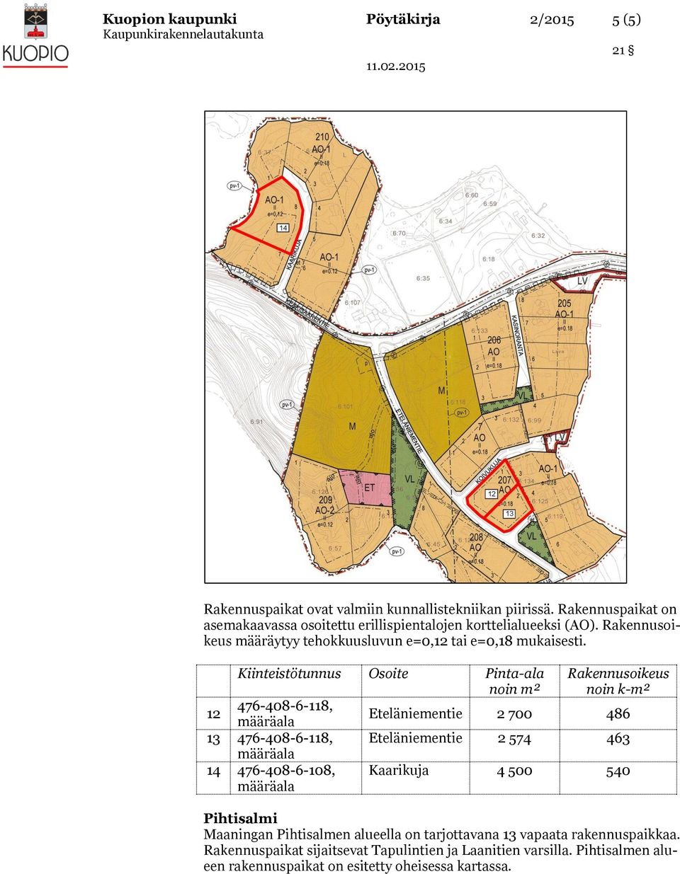 Kiinteistötunnus Osoite Pinta-ala noin m² Rakennusoikeus noin k-m² 12 476-408-6-118, Eteläniementie 2 700 486 13 476-408-6-118, Eteläniementie 2 574 463 14