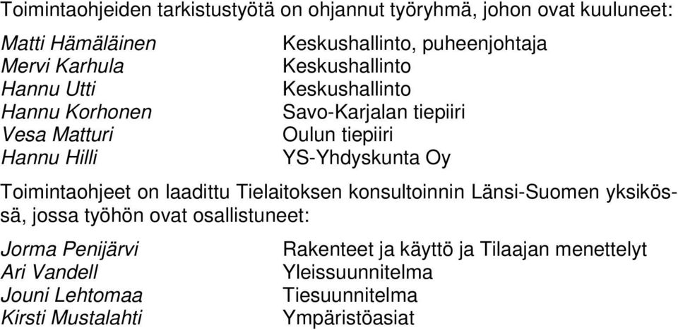 YS-Yhdyskunta Oy Toimintaohjeet on laadittu Tielaitoksen konsultoinnin Länsi-Suomen yksikössä, jossa työhön ovat osallistuneet: Jorma