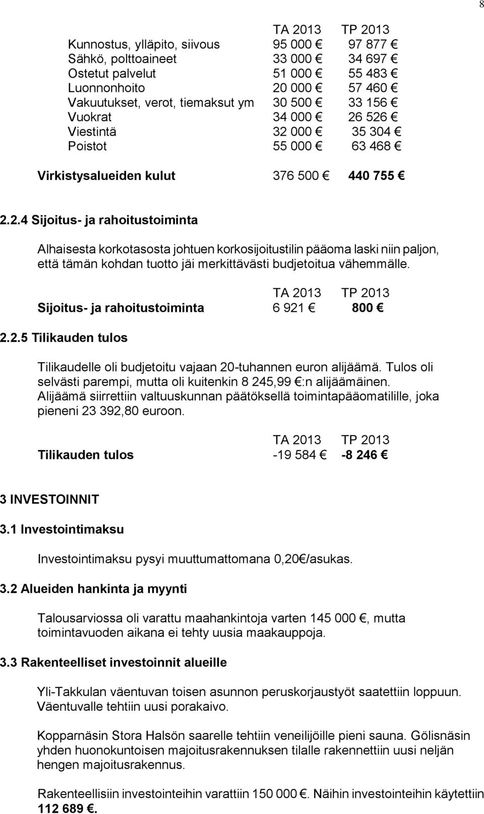 Sijoitus- ja rahoitustoiminta 6 921 800 2.2.5 Tilikauden tulos Tilikaudelle oli budjetoitu vajaan 20-tuhannen euron alijäämä. Tulos oli selvästi parempi, mutta oli kuitenkin 8 245,99 :n alijäämäinen.