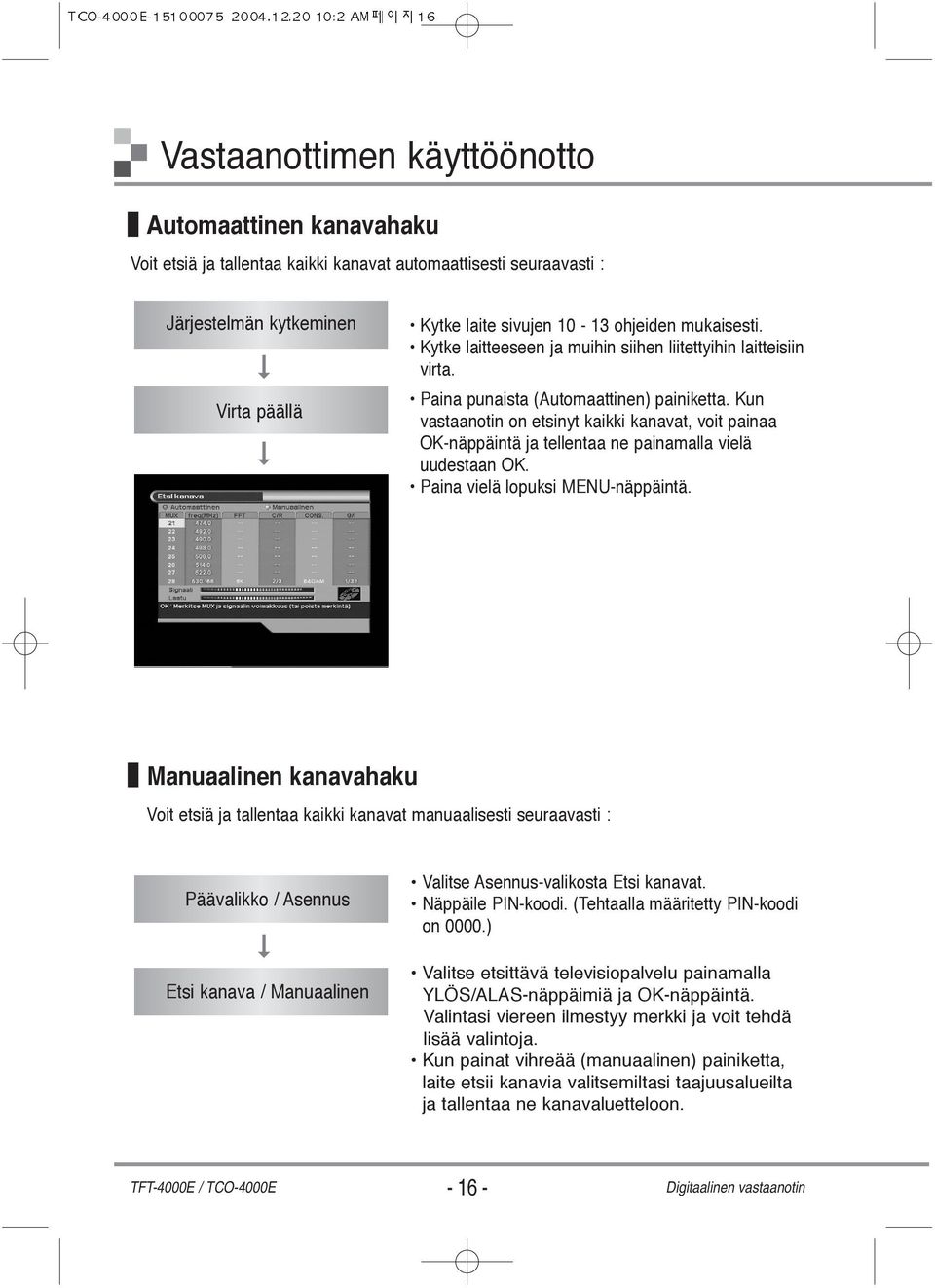 Kun vastaanotin on etsinyt kaikki kanavat, voit painaa OK-näppäintä ja tellentaa ne painamalla vielä uudestaan OK. Paina vielä lopuksi MENU-näppäintä.