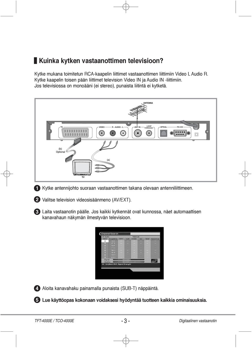 1 2 3 Kytke antennijohto suoraan vastaanottimen takana olevaan antenniliittimeen. Valitse television videosisäänmeno (AV/EXT). Laita vastaanotin päälle.