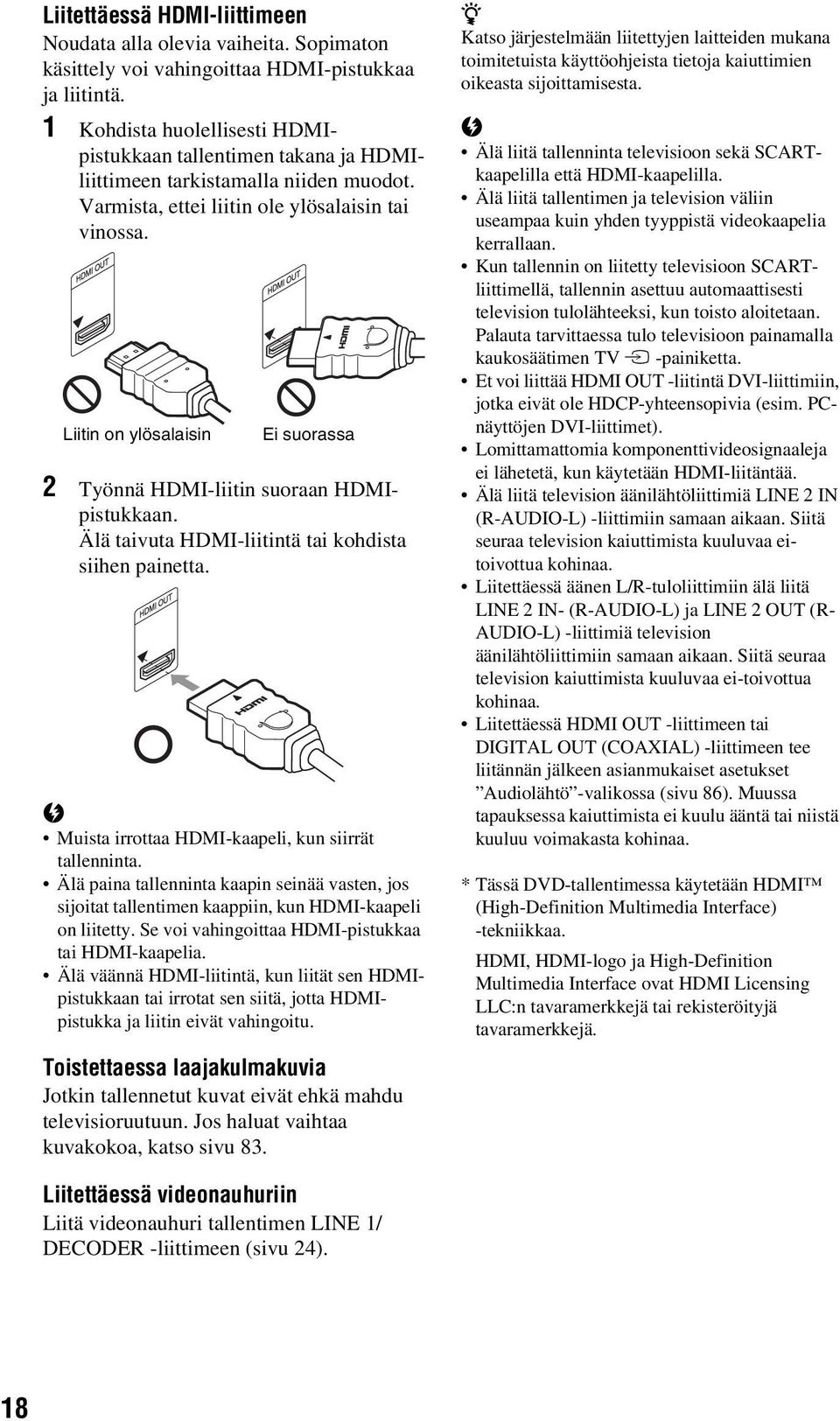 Liitin on ylösalaisin Ei suorassa 2 Työnnä HDMI-liitin suoraan HDMIpistukkaan. Älä taivuta HDMI-liitintä tai kohdista siihen painetta. Muista irrottaa HDMI-kaapeli, kun siirrät tallenninta.