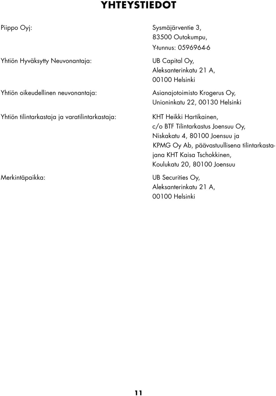 Asianajotoimisto Krogerus Oy, Unioninkatu 22, 00130 Helsinki KHT Heikki Hartikainen, c/o BTF Tilintarkastus Joensuu Oy, Niskakatu 4, 80100