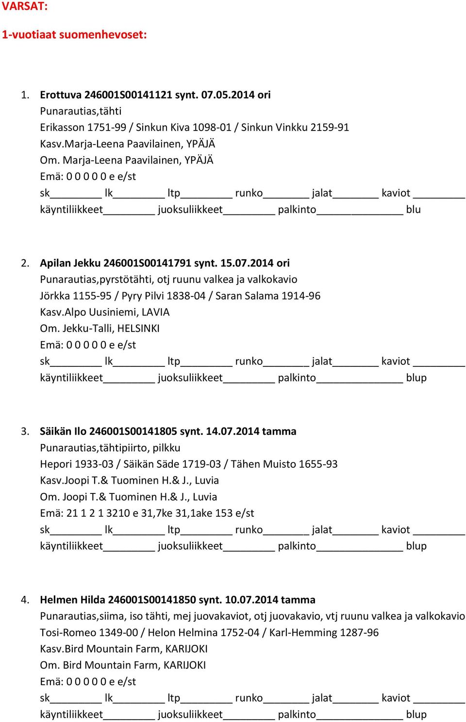 2014 ori Punarautias,pyrstötähti, otj ruunu valkea ja valkokavio Jörkka 1155-95 / Pyry Pilvi 1838-04 / Saran Salama 1914-96 Kasv.Alpo Uusiniemi, LAVIA Om. Jekku-Talli, HELSINKI 3.