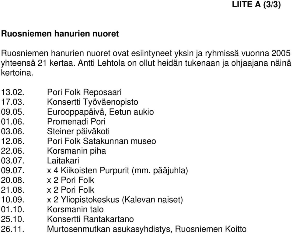06. Promenadi Pori 03.06. Steiner päiväkoti 12.06. Pori Folk Satakunnan museo 22.06. Korsmanin piha 03.07. Laitakari 09.07. x 4 Kiikoisten Purpurit (mm.