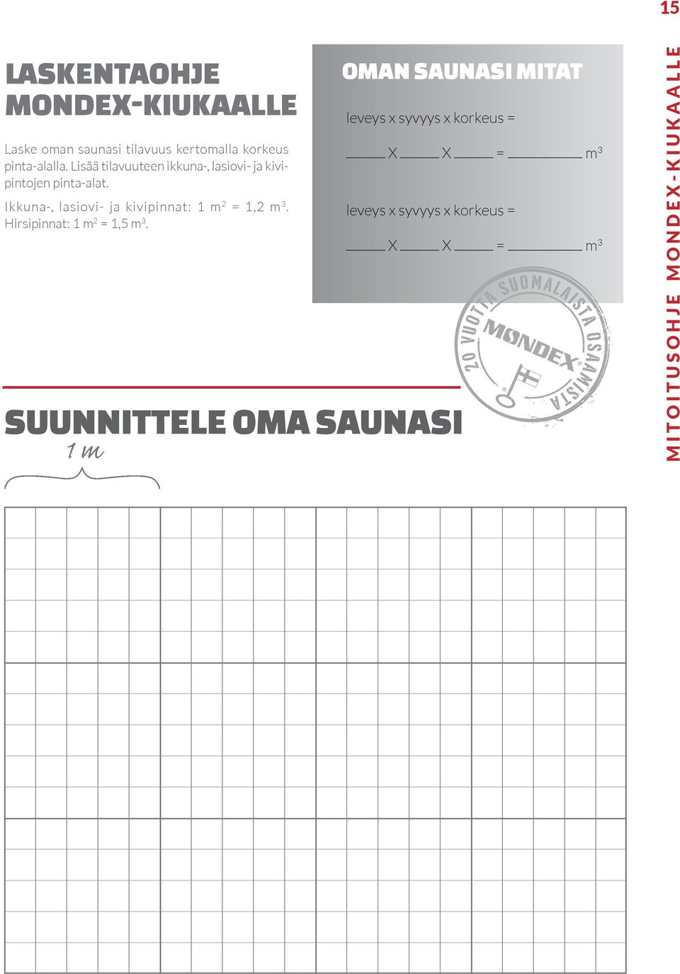 Ikkuna-, lasiovi- ja kivipinnat: 1 m 2 = 1,2 m 3. Hirsipinnat: 1 m 2 = 1,5 m 3.