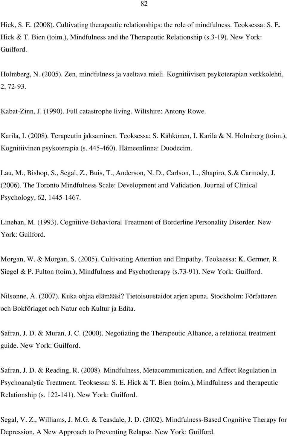 Karila, I. (2008). Terapeutin jaksaminen. Teoksessa: S. Kähkönen, I. Karila & N. Holmberg (toim.), Kognitiivinen psykoterapia (s. 445-460). Hämeenlinna: Duodecim. Lau, M., Bishop, S., Segal, Z.