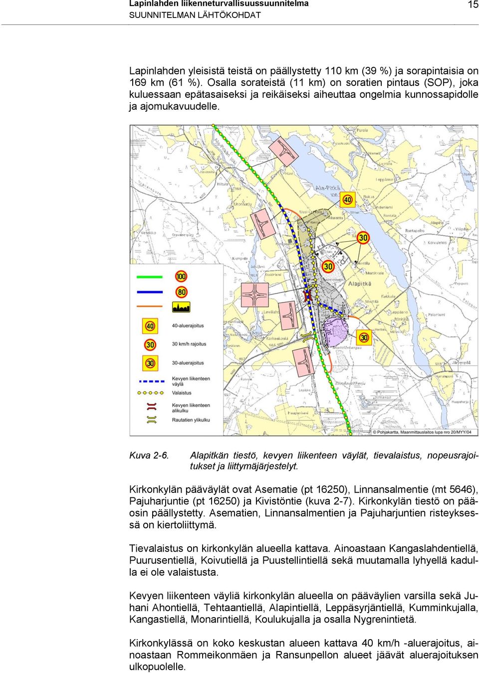 Alapitkän tiestö, kevyen liikenteen väylät, tievalaistus, nopeusrajoitukset ja liittymäjärjestelyt.