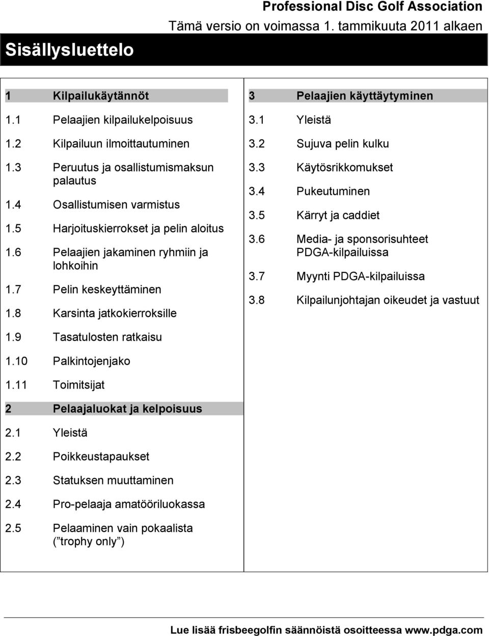 7 Pelin keskeyttäminen 1.8 Karsinta jatkokierroksille 3.1 Yleistä 3.2 Sujuva pelin kulku 3.3 Käytösrikkomukset 3.4 Pukeutuminen 3.5 Kärryt ja caddiet 3.6 Media- ja sponsorisuhteet PDGA-kilpailuissa 3.