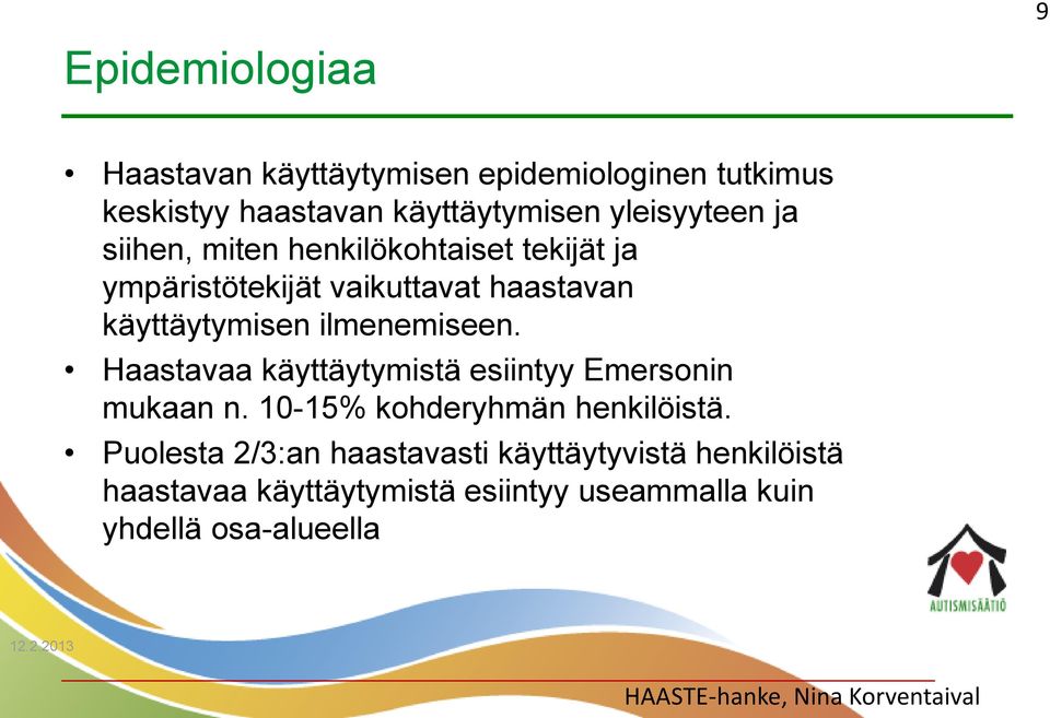 käyttäytymisen ilmenemiseen. Haastavaa käyttäytymistä esiintyy Emersonin mukaan n.