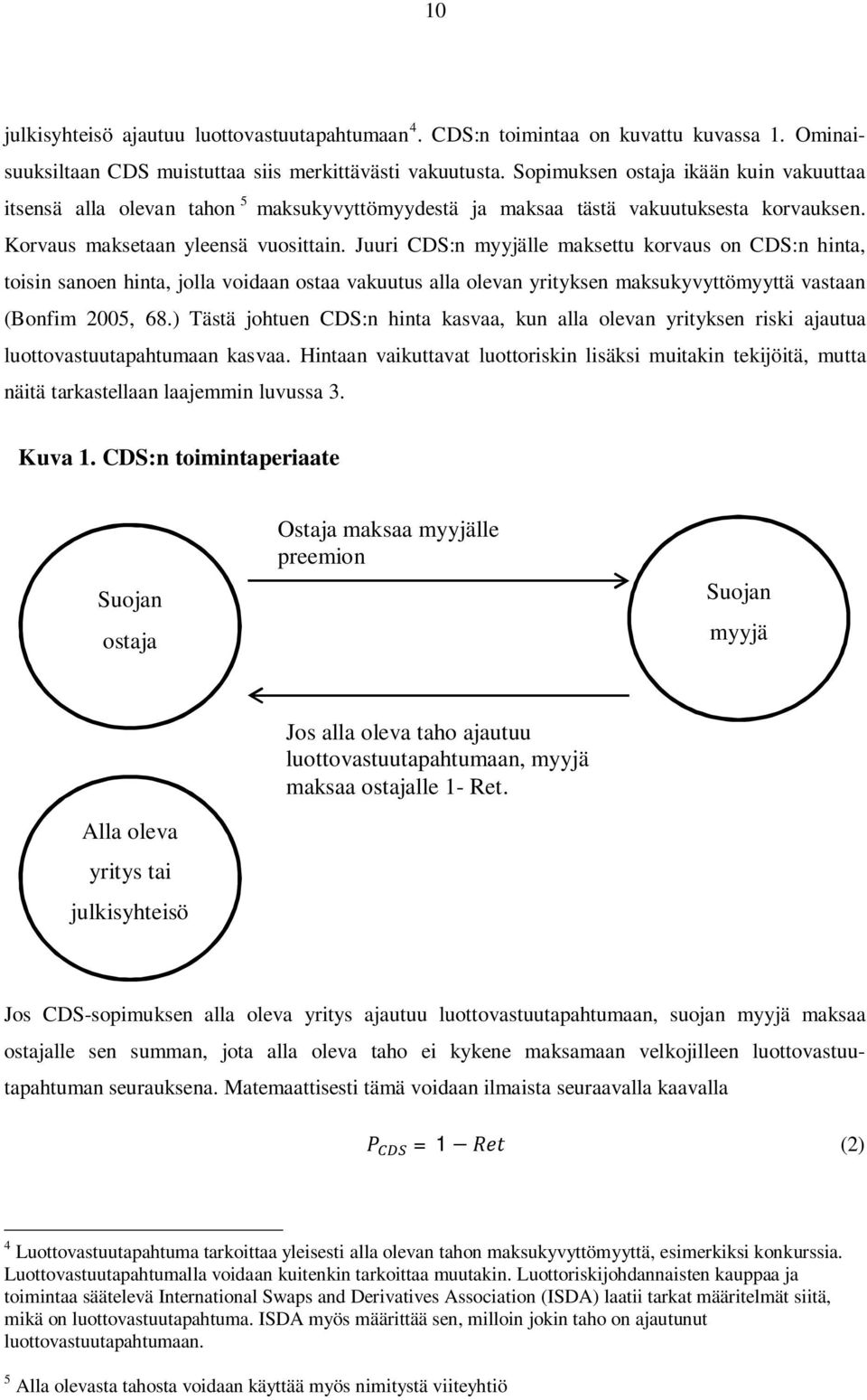 Juuri CDS:n myyjälle maksettu korvaus on CDS:n hinta, toisin sanoen hinta, jolla voidaan ostaa vakuutus alla olevan yrityksen maksukyvyttömyyttä vastaan (Bonfim 2005, 68.