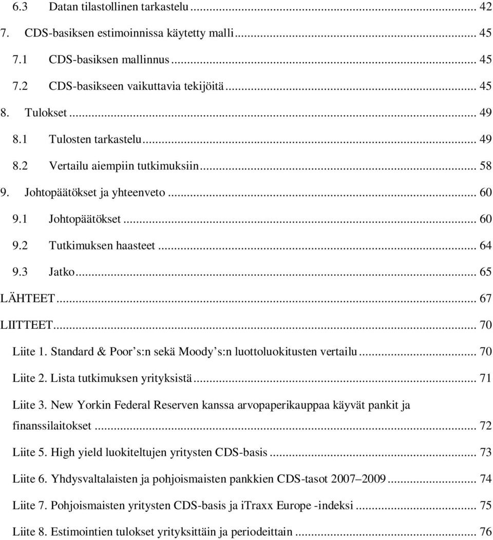 .. 70 Liite 1. Standard & Poor s:n sekä Moody s:n luottoluokitusten vertailu... 70 Liite 2. Lista tutkimuksen yrityksistä... 71 Liite 3.