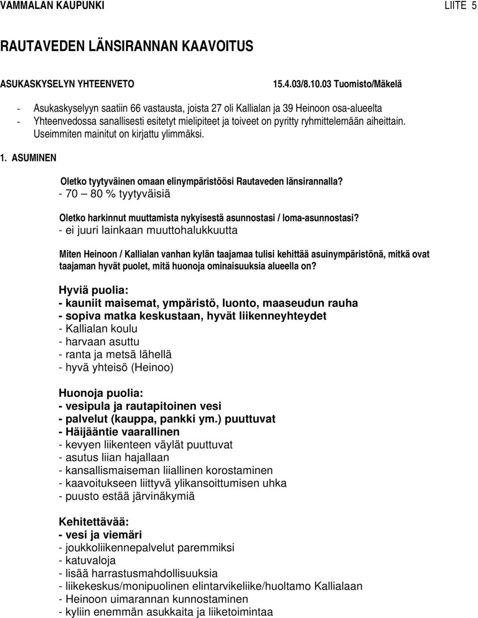 aiheittain. Useimmiten mainitut on kirjattu ylimmäksi. 1. ASUMINEN Oletko tyytyväinen omaan elinympäristöösi Rautaveden länsirannalla?