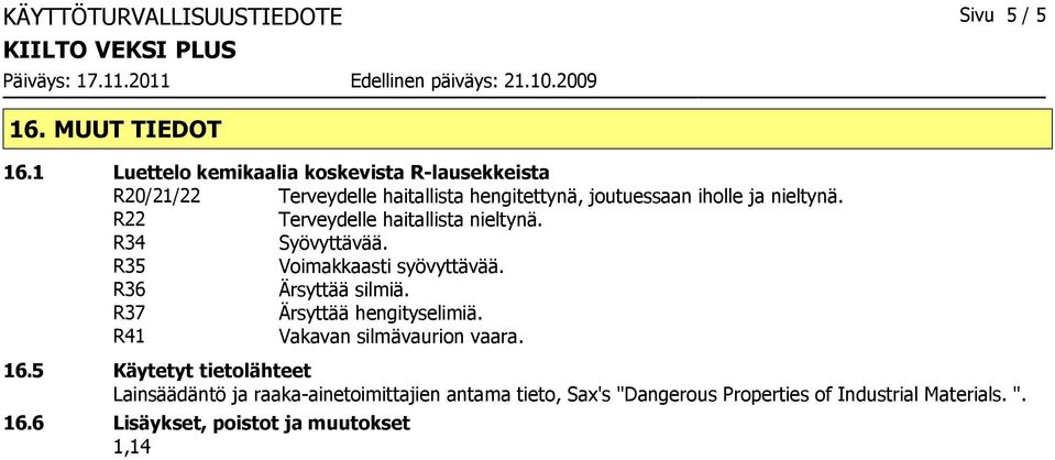 R22 Terveydelle haitallista nieltynä. R34 Syövyttävää. R35 Voimakkaasti syövyttävää. R36 Ärsyttää silmiä.