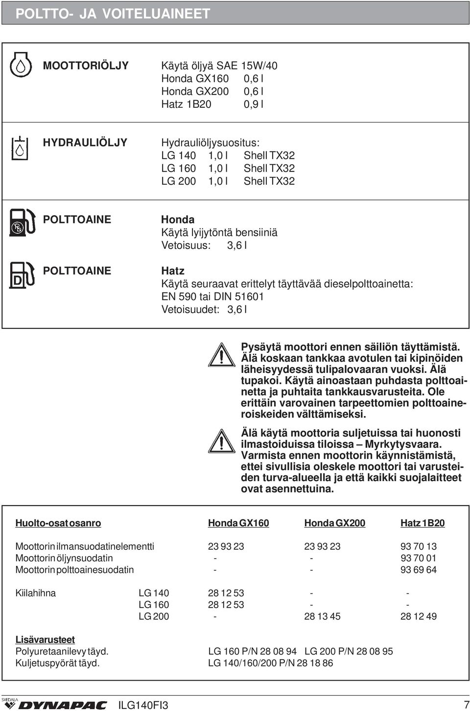 ennen säiliön täyttämistä. Älä koskaan tankkaa avotulen tai kipinöiden läheisyydessä tulipalovaaran vuoksi. Älä tupakoi. Käytä ainoastaan puhdasta polttoainetta ja puhtaita tankkausvarusteita.