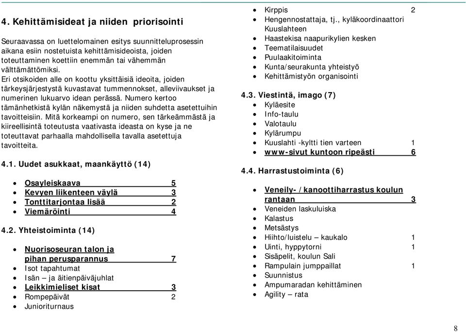 Numero kertoo tämänhetkistä kylän näkemystä ja niiden suhdetta asetettuihin tavoitteisiin.